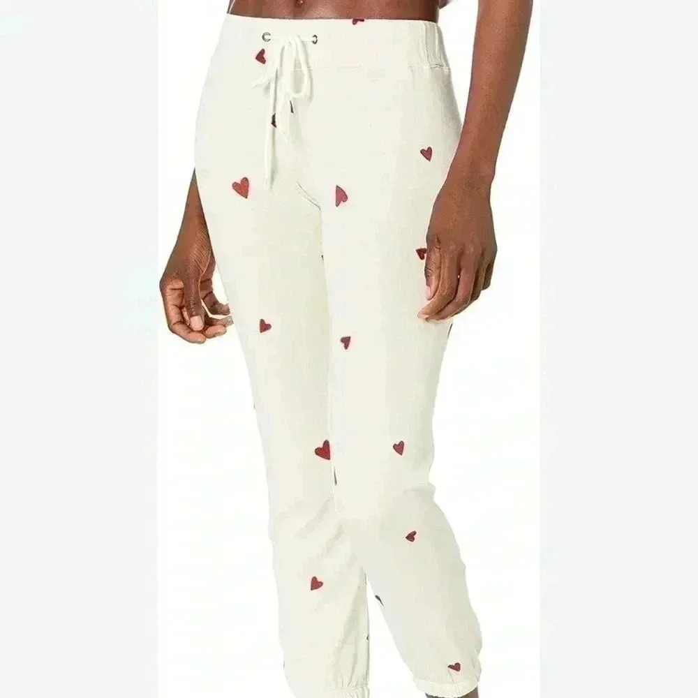 Monrow Cream Joggers with Red Heart Print